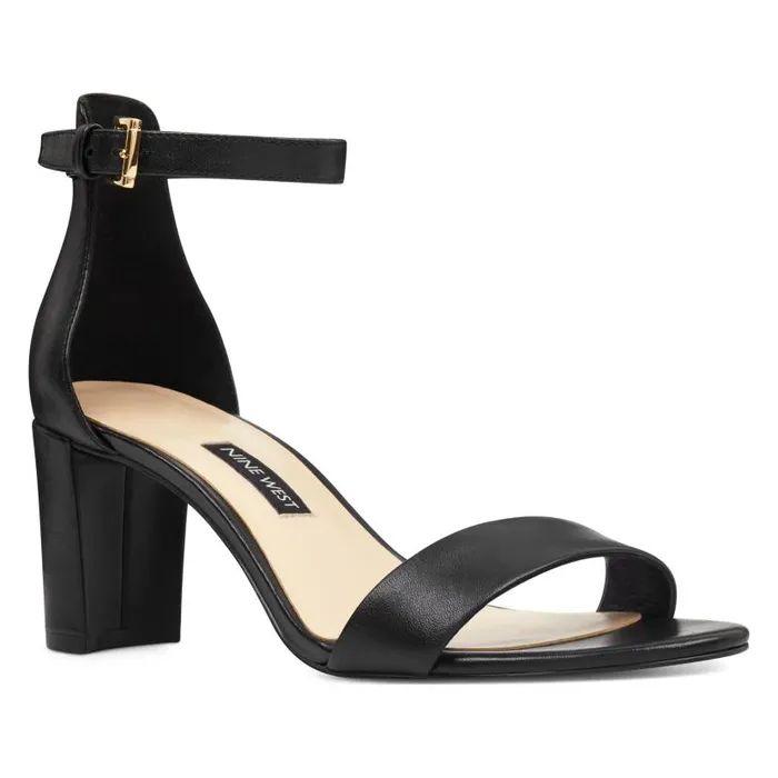 Pruce Ankle Strap Block Heel Sandals Black Leather Women Nine West Sandals