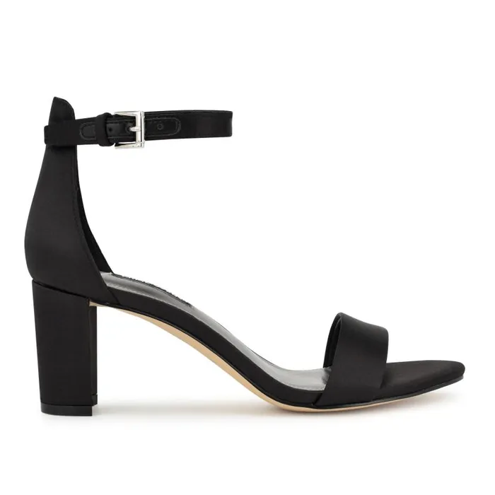 Pruce Ankle Strap Block Heel Sandals Black Satin Women Nine West Sandals