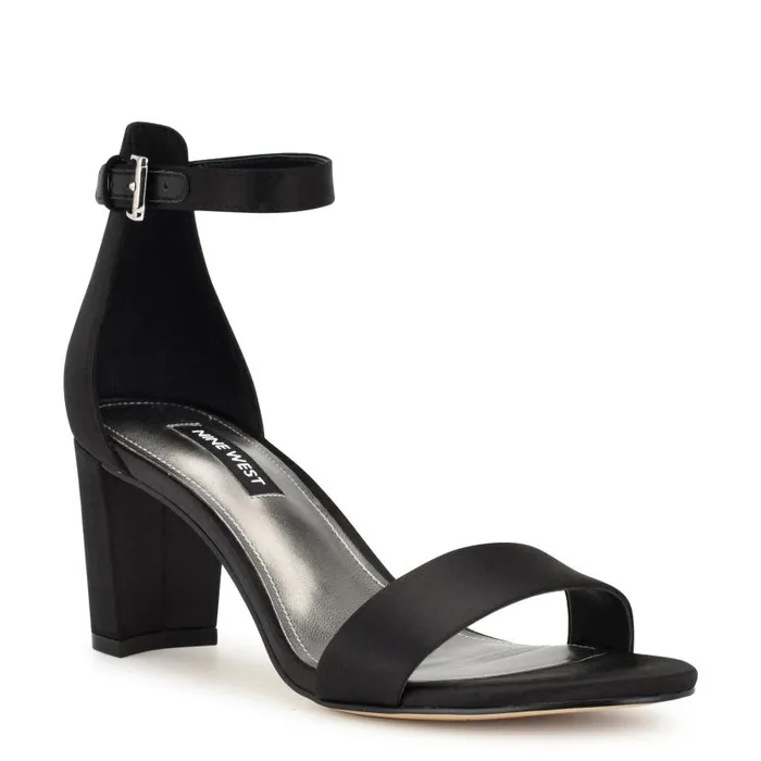 Pruce Ankle Strap Block Heel Sandals Black Satin Women Nine West Sandals