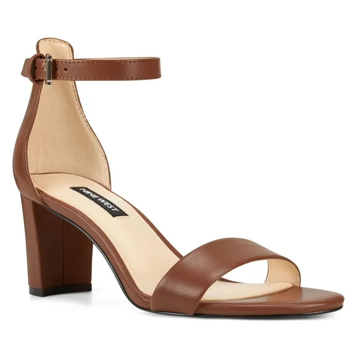Pruce Ankle Strap Block Heel Sandals Dark Brown Leather Women Nine West Sandals