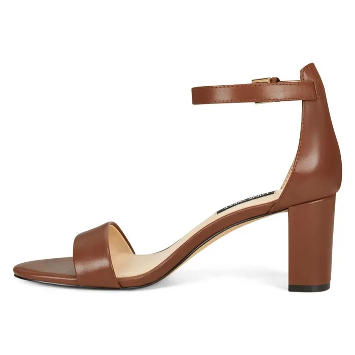 Pruce Ankle Strap Block Heel Sandals Dark Brown Leather Women Nine West Sandals
