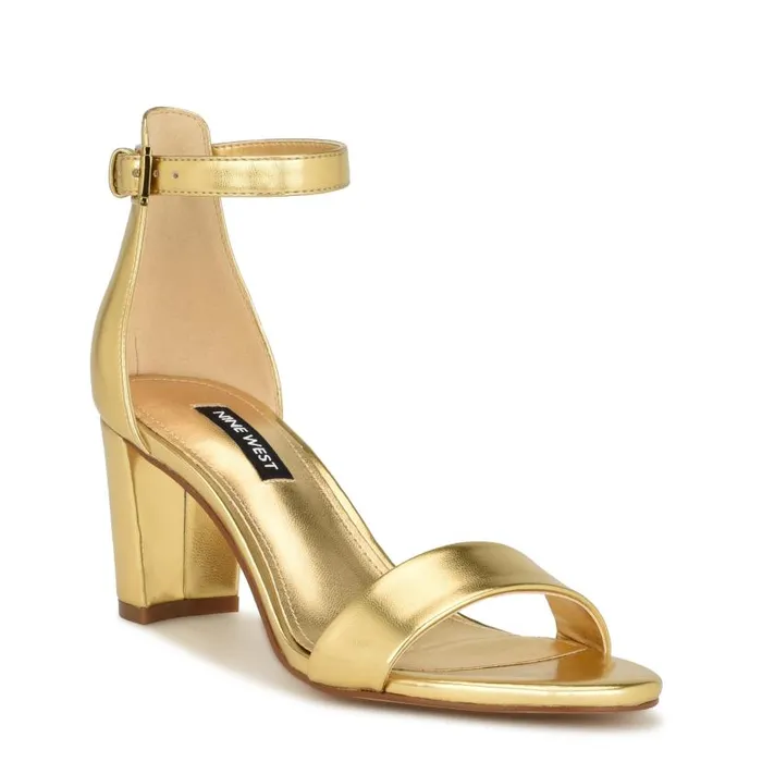 Pruce Ankle Strap Block Heel Sandals Gold Women Nine West Heels