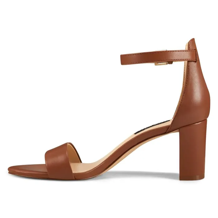 Pruce Ankle Strap Block Heel Sandals Light Brown Leather Women Nine West Sandals