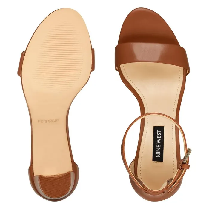 Pruce Ankle Strap Block Heel Sandals Light Brown Leather Women Nine West Sandals