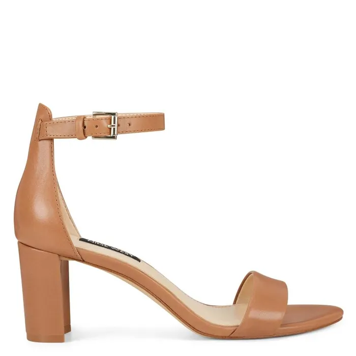 Pruce Ankle Strap Block Heel Sandals Natural Leather Women Nine West Heels