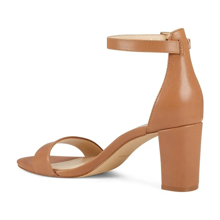 Pruce Ankle Strap Block Heel Sandals Natural Leather Women Nine West Heels