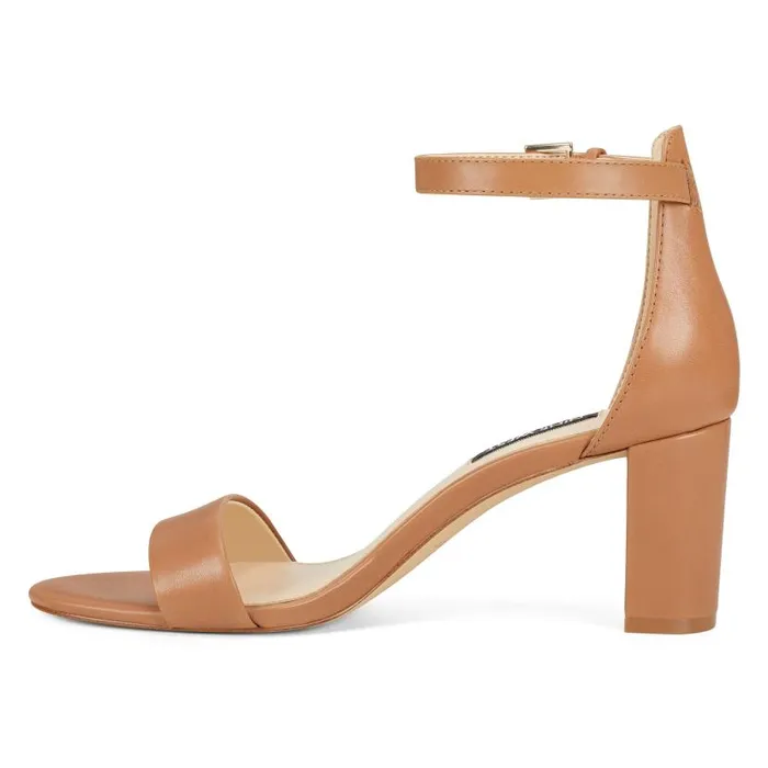 Pruce Ankle Strap Block Heel Sandals Natural Leather Women Nine West Heels
