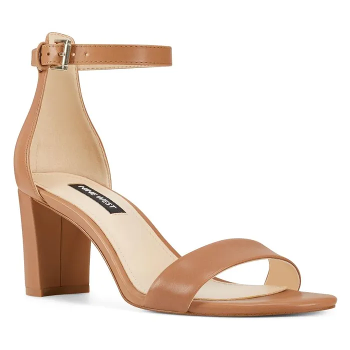 Pruce Ankle Strap Block Heel Sandals Natural Leather Women Nine West Sandals
