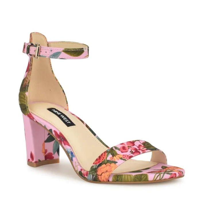 Pruce Ankle Strap Block Heel Sandals Pink Floral Women Nine West Sandals