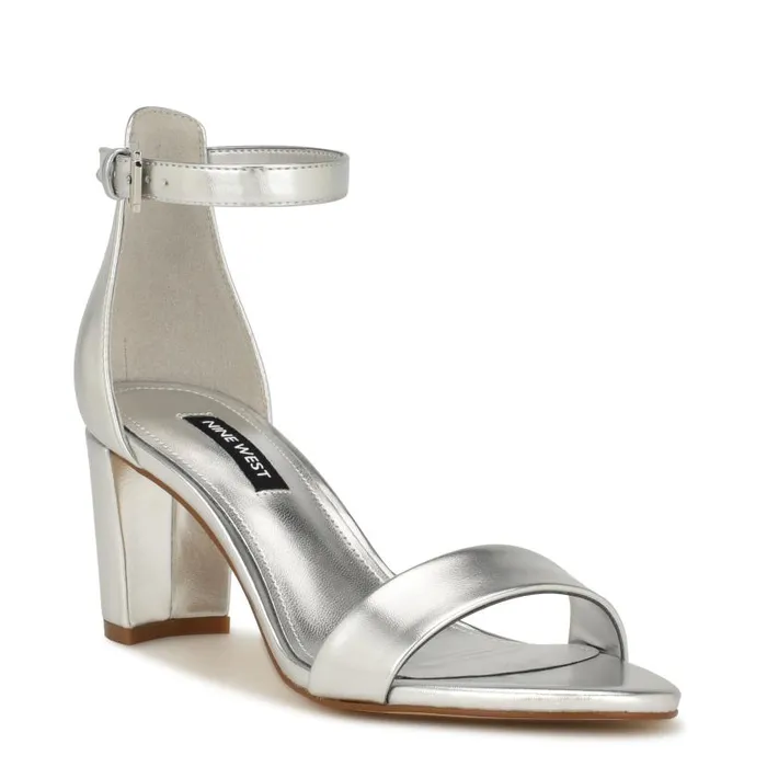 Pruce Ankle Strap Block Heel Sandals Silver Women Nine West Heels