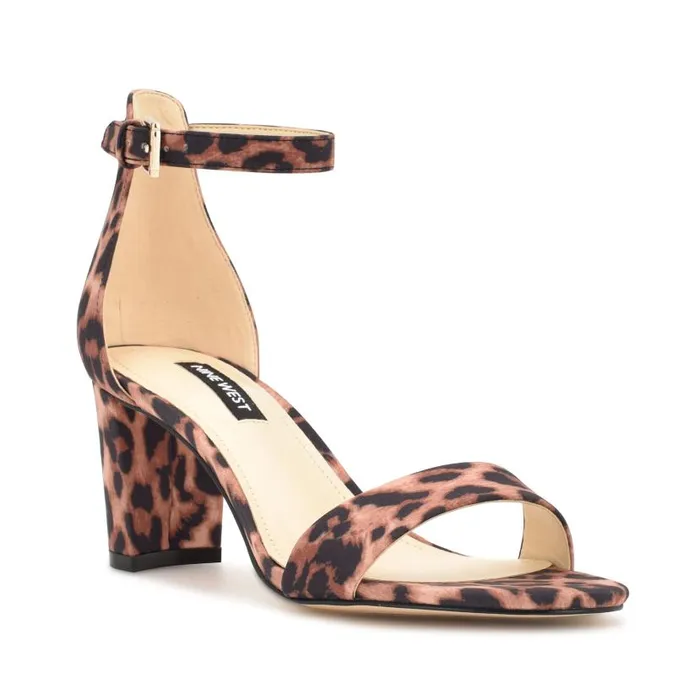 Pruce Ankle Strap Block Heel Sandals Tan Leopard Women Nine West Sandals