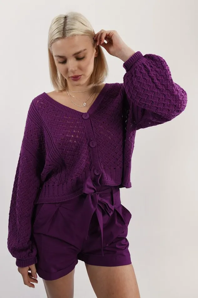 PuffSleeve Vneck Cardigan PURPLE Women Molly Bracken Cardigans
