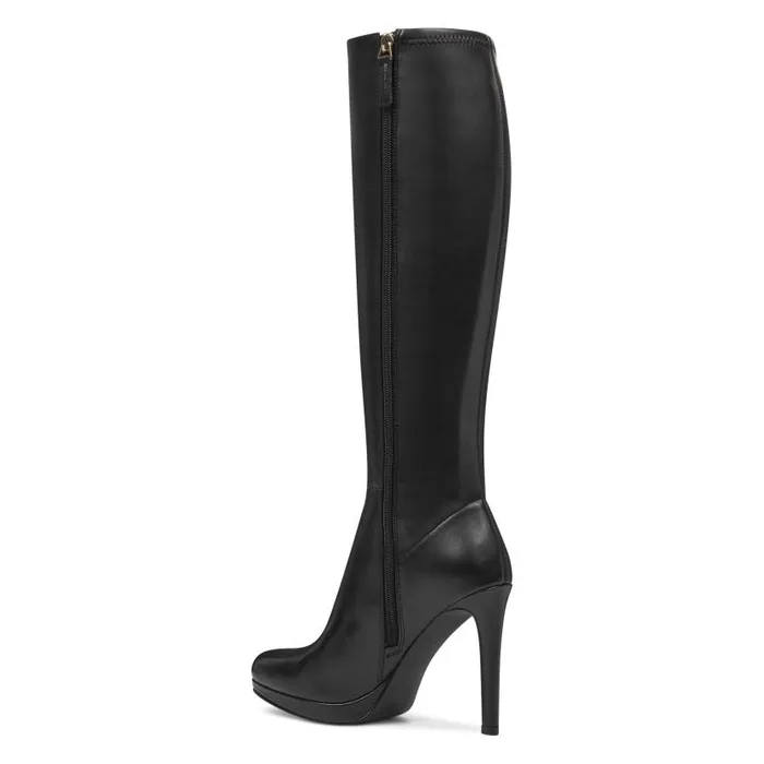 Quizme Wide Calf Platform Boots Black Leather Women Nine West Boots and Booties