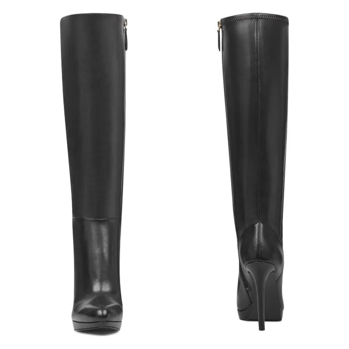 Quizme Wide Calf Platform Boots Black Leather Women Nine West Boots and Booties
