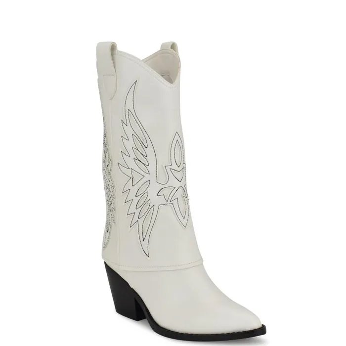 Ringer Detailed Western Boots White Women Nine West Boots and Booties