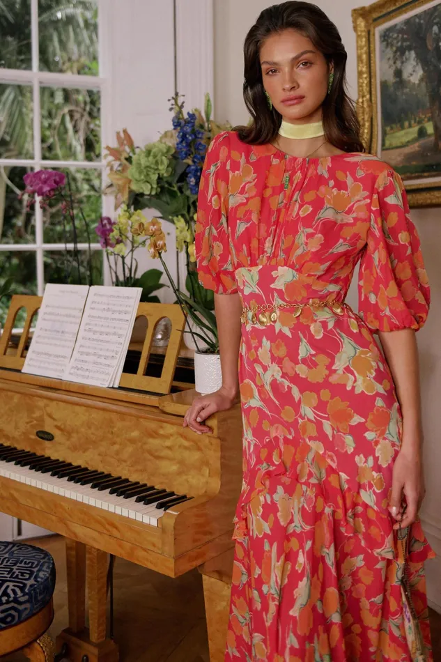 RIXO Dresses Cheryl Fontainhas Floral Coral 8211 Women