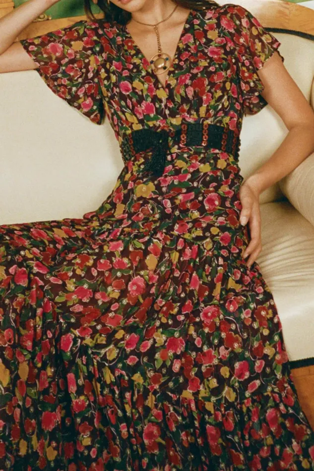 RIXO Dresses Delicia Fontainhas Floral Maroon 8211 Women