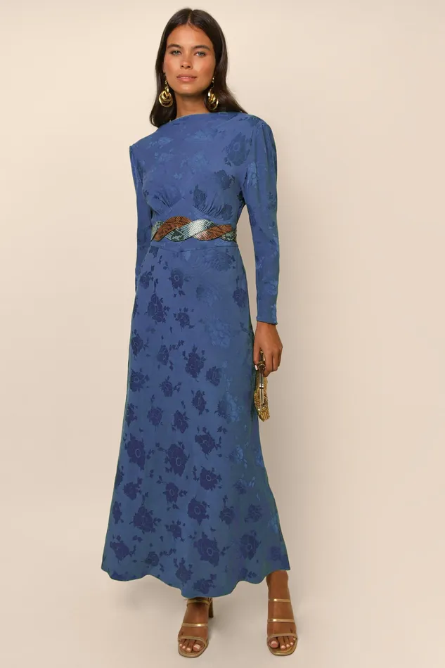 RIXO Dresses Ginger Steel Blue Poppy Jacquard 8211 Women