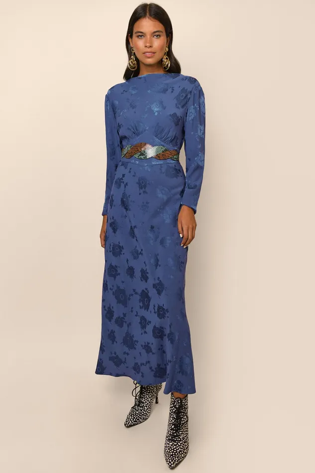 RIXO Dresses Ginger Steel Blue Poppy Jacquard 8211 Women RIXO Dresses Ginger Steel Blue Poppy Jacquard 8211 Women