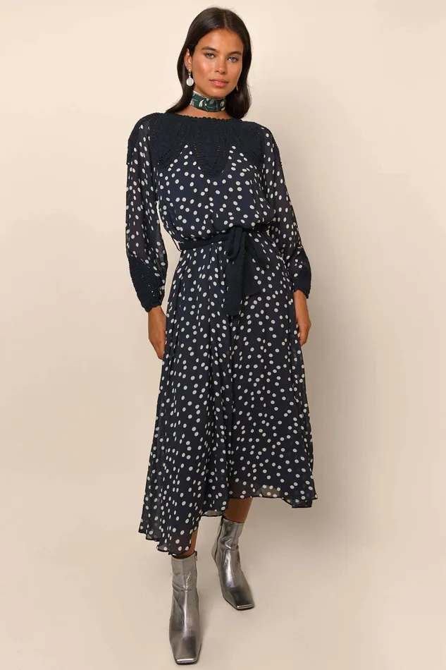RIXO Dresses Irene Polka Dot Navy 8211 Women