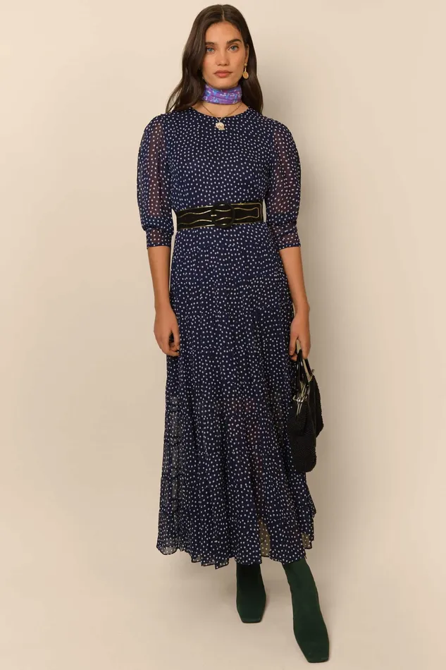 RIXO Dresses Kristen Polka Dot Navy 8211 Women