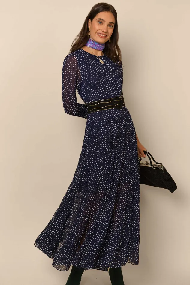 RIXO Dresses Kristen Polka Dot Navy 8211 Women
