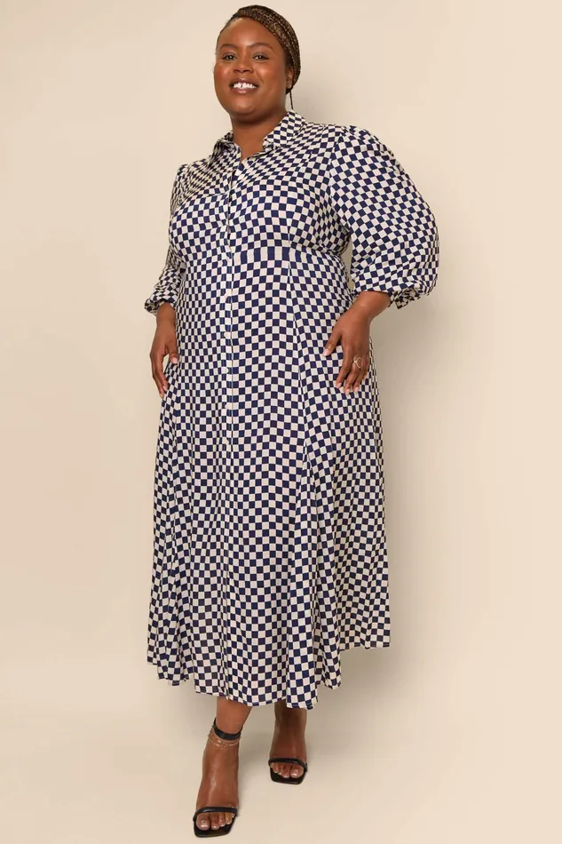 RIXO Dresses Maddison Navy Cream Checkerboard 8211 Women