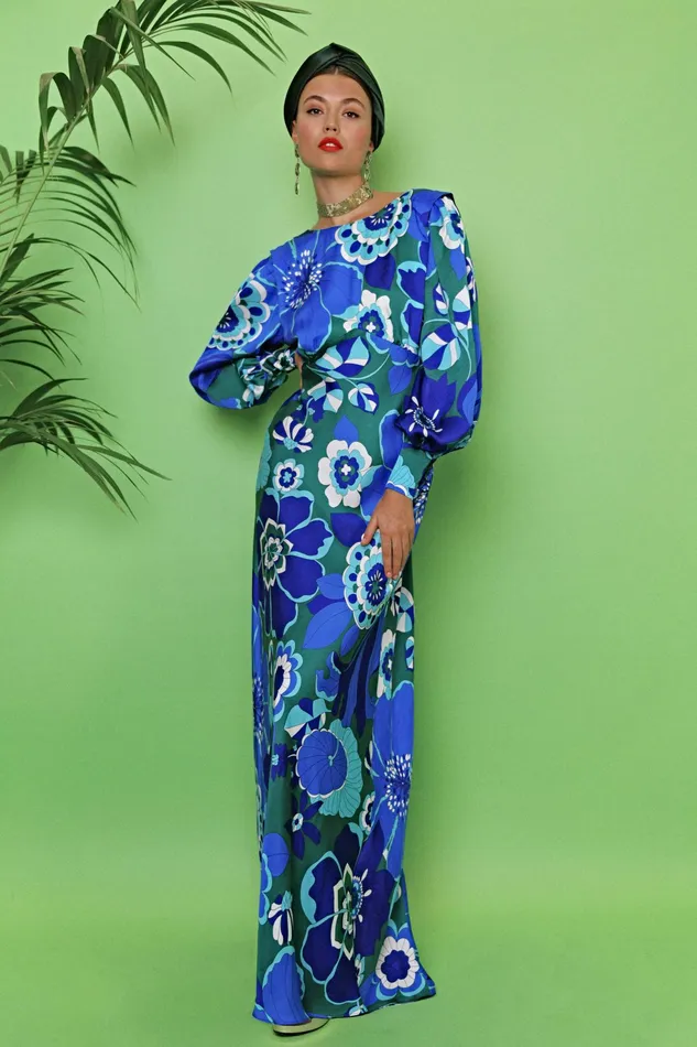 RIXO Dresses Marni Retro Floral Blue 8211 Women