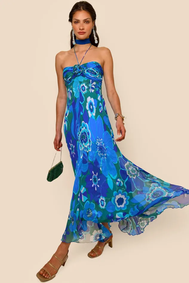RIXO Dresses Samira Retro Floral Blue 8211 Women