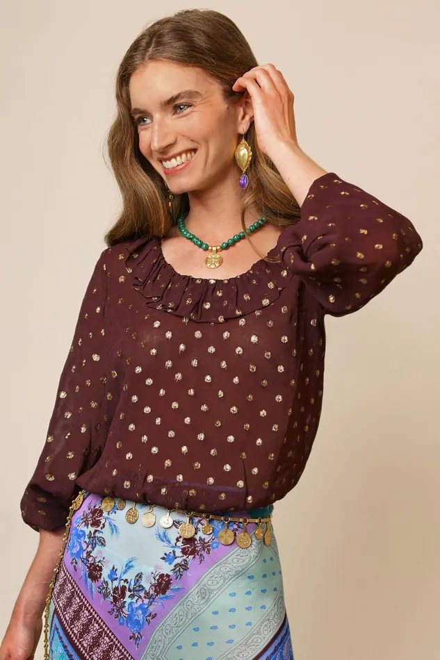 RIXO Tops Alora Chocolate Lurex Spot 8211 Women