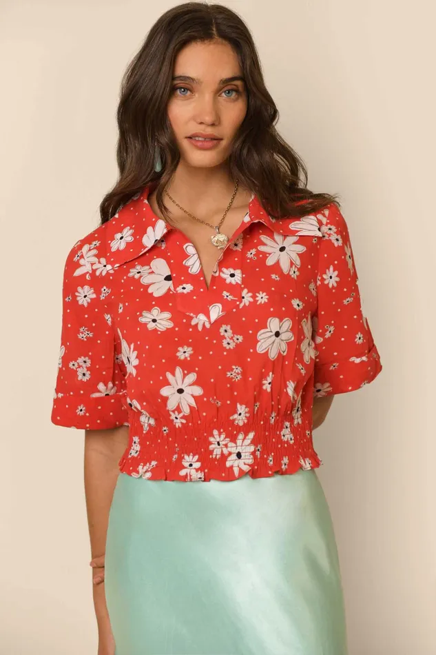 RIXO Tops Bina Red Polka Dot Daisy 8211 Women