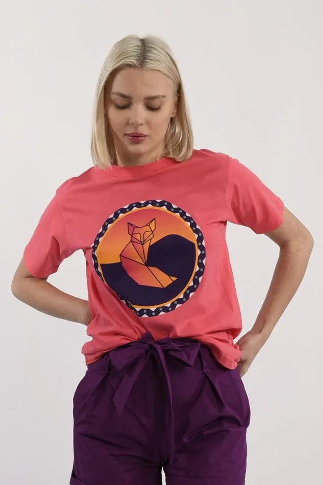 Round Neck Tee With Front Print CORAL Women Molly Bracken Tops