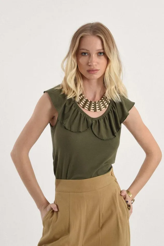 Ruffle Neck Tank Top KHAKI Women Molly Bracken Tops