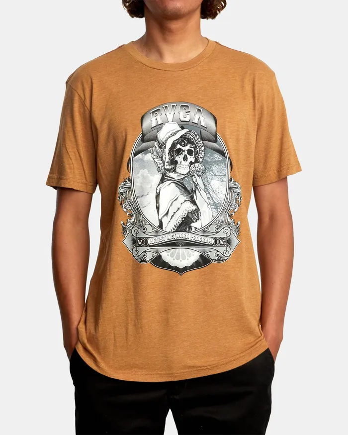 RVCA Mens Artist Tees George Thompson Skull Bonnet Short Sleeve Tee Camel Cml