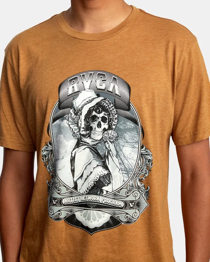 RVCA Mens Artist Tees George Thompson Skull Bonnet Short Sleeve Tee Camel Cml