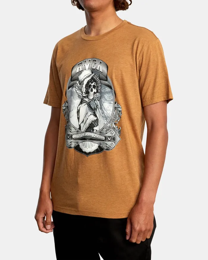RVCA Mens Artist Tees George Thompson Skull Bonnet Short Sleeve Tee Camel Cml