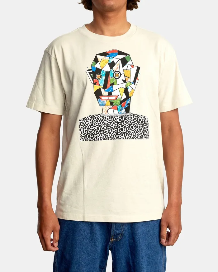 RVCA Mens Artist Tees Matt Leines Facet Face Short Sleeve Tee Silver Bleach Slb