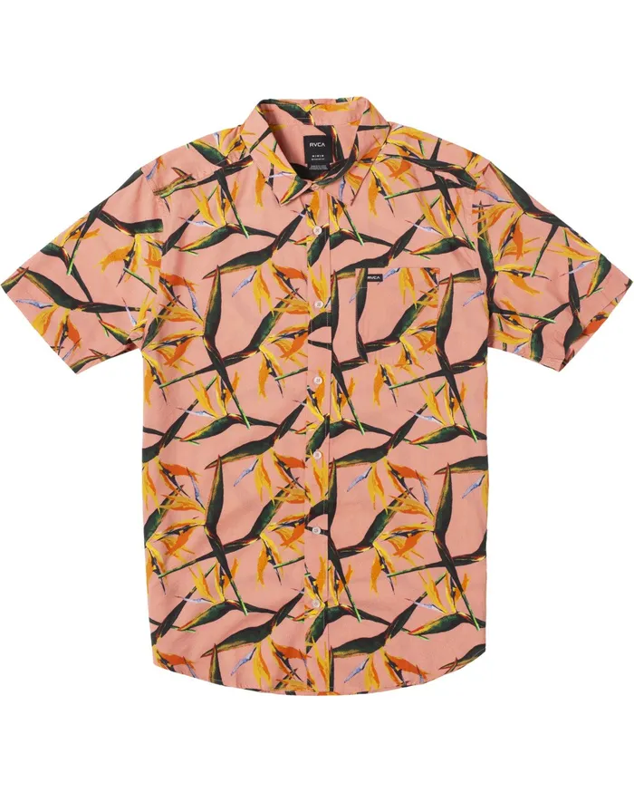 RVCA Mens Jackets Byrd Of Paradise Short Sleeve Shirt Flamingo Flm