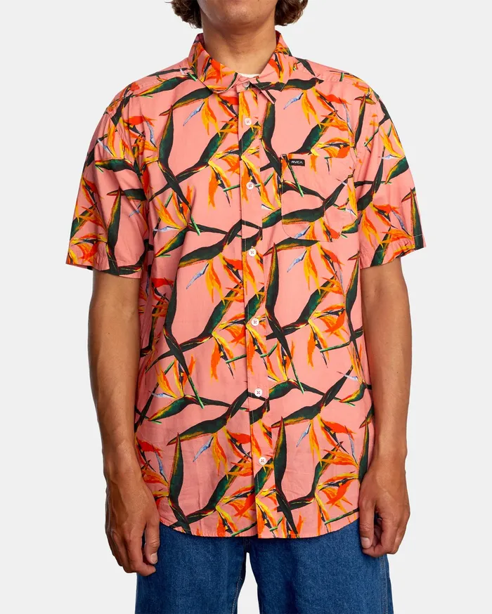 RVCA Mens Jackets Byrd Of Paradise Short Sleeve Shirt Flamingo Flm