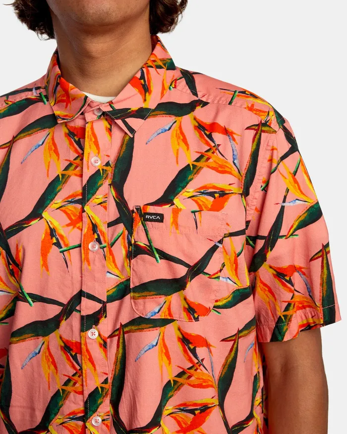 RVCA Mens Jackets Byrd Of Paradise Short Sleeve Shirt Flamingo Flm