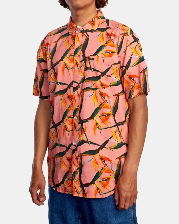 RVCA Mens Jackets Byrd Of Paradise Short Sleeve Shirt Flamingo Flm
