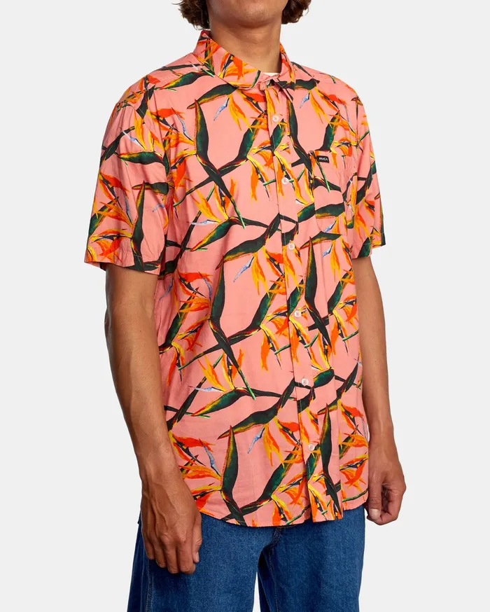 RVCA Mens Jackets Byrd Of Paradise Short Sleeve Shirt Flamingo Flm