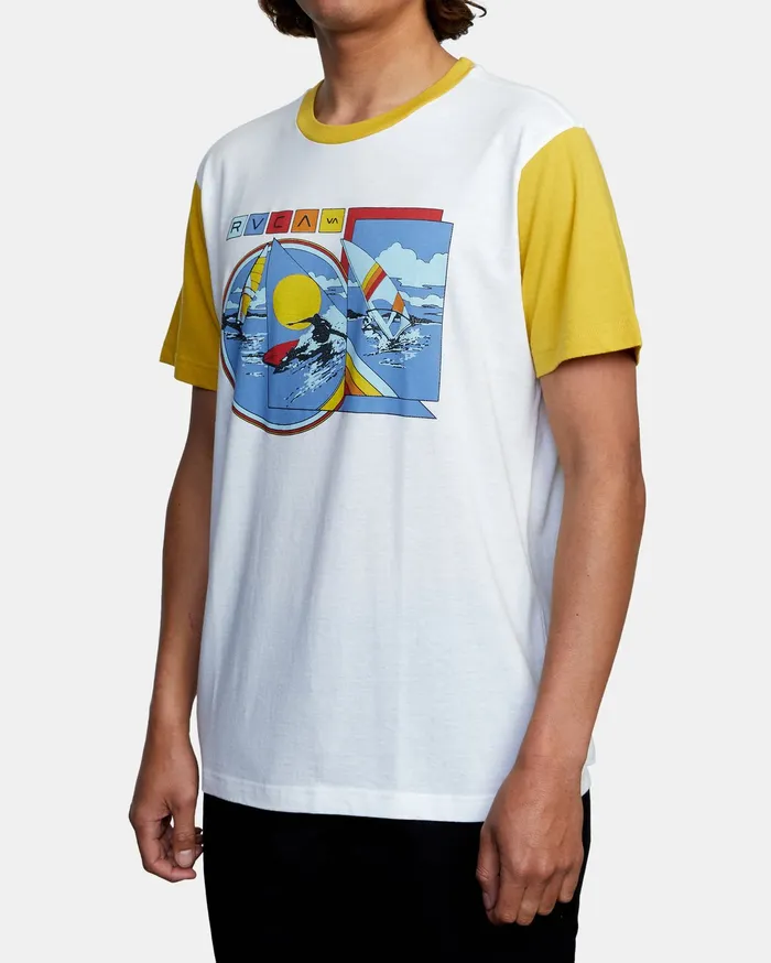 RVCA Mens Knit Evan Mock Tourist Blocked Short Sleeve Tee Antique White Anw