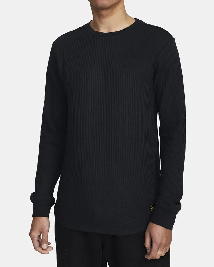 RVCA Mens Knit Recession Day Shift Long Sleeve Thermal Shirt Black Blk