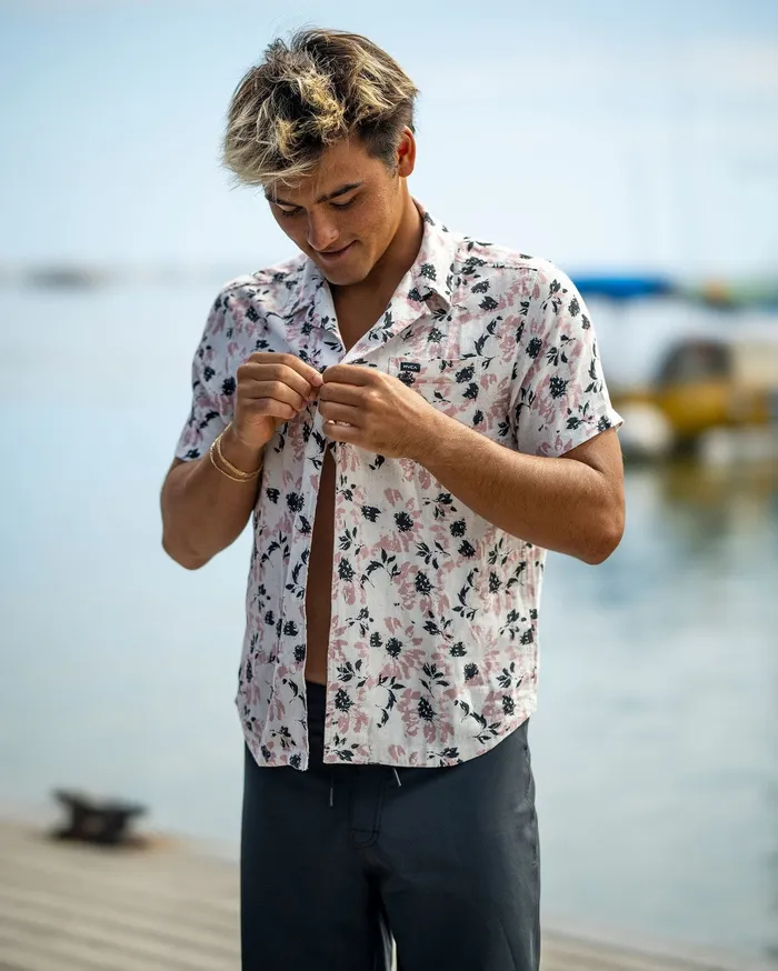 RVCA Mens Shirts Beat Print Short Sleeve Shirt Antique White Anw Cheap On Sale