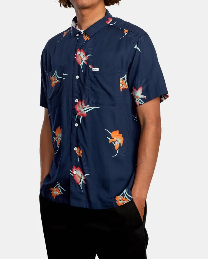 RVCA Mens Shirts Cliffs Floral Short Sleeve Shirt Navy Marine Myv Gift Ideas