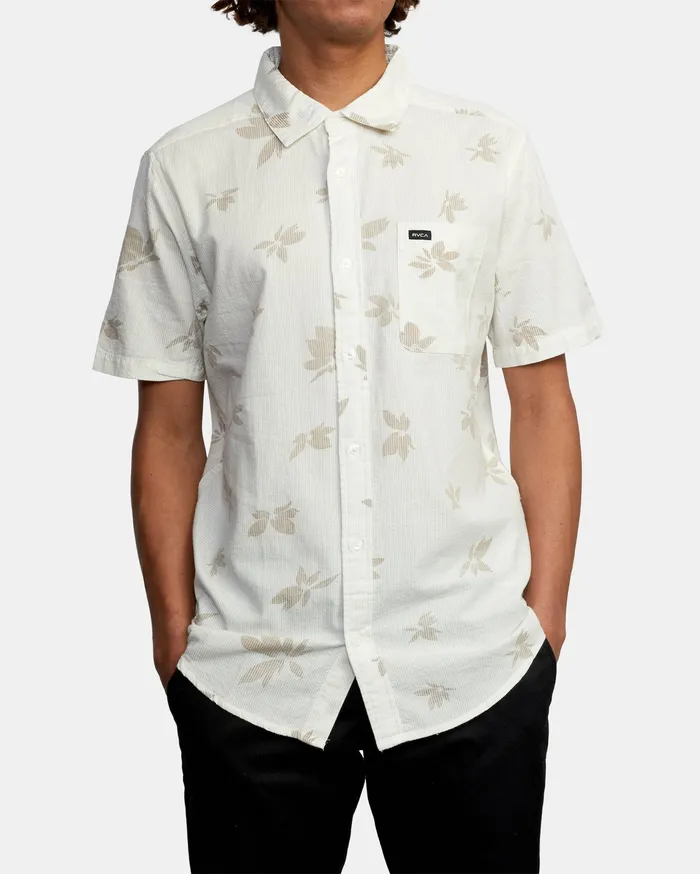 RVCA Mens Shirts Endless Seersucker Print Short Sleeve Shirt Antique White Anw Cheap On Sale