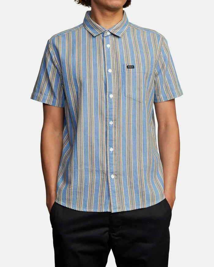 RVCA Mens Shirts Harbour Stripe Short Sleeve Shirt Denim Den Casaul