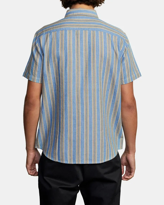 RVCA Mens Shirts Harbour Stripe Short Sleeve Shirt Denim Den Casaul