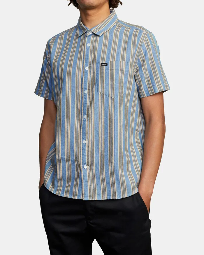 RVCA Mens Shirts Harbour Stripe Short Sleeve Shirt Denim Den Casaul